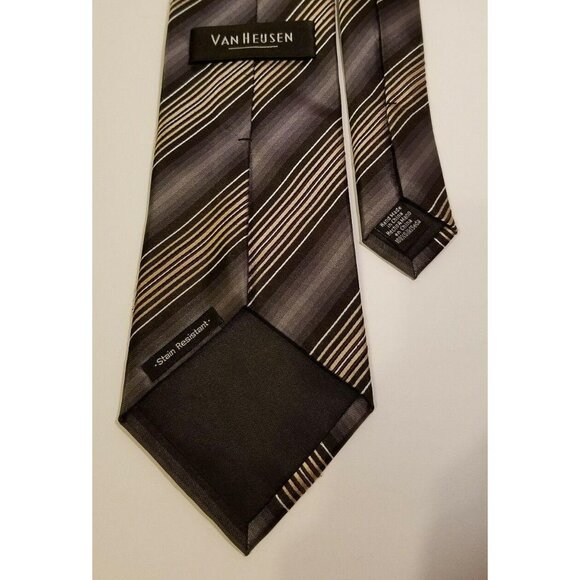Van Heusen 100% Silk Tie Striped Gold Black Gray 60" - Picture 3 of 3